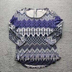 Chico's Geometric Print Top 3/4 Sleeve‎ Blouse Purple White Size 0 Zipper Back